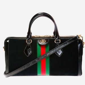 GUCCI Suede Patent Leather GG Web Medium Ophidia Boston Bag in Black